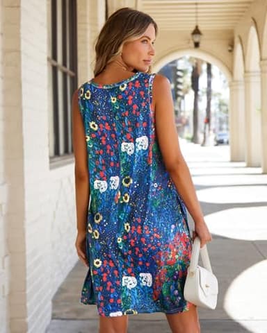 Summer T-Shirt Dress for Women Sleeveless Beach Bohemian Floral Sundress Tunic Swing Casual Loose Pockets(Blue Garden Floral,XL) - Image 6