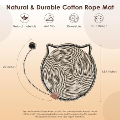 Cat Scratcher Mat, Natural Cotton Rope Cat Scratch Pad, 15.7'' Round Horizontal Floor Cat Scratching Pads for Indoor Cats, Cat Furniture Protector for Wall, Couch, Carpets, Sofas - Image 2