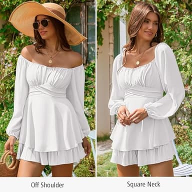 Fixmatti Women Long Sleeve White Jumpsuit Shorts Boat Neck off Shoulder Belted Rompers White XL - Image 4