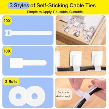[313Pcs] Cable Management Kit, 67 Adhesive Cable Clips, Topavatop Desk Cord Organizer, 22 Reusable Cable Strap, 4 Cable Sleeve Split, 200 Nylon Cable Zip Ties with 20 Mounts for TV Office Home, White - Image 5