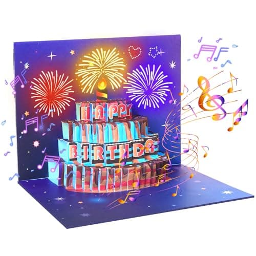 Omgpeike Musical Birthday Card, Pop up 3D LIGHTS & SOUND Firework Happy Birthday (Purple) - Image 1