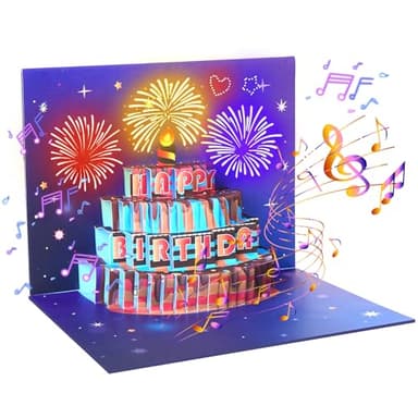 Omgpeike Musical Birthday Card, Pop up 3D LIGHTS & SOUND Firework Happy Birthday (Purple) - Image 1