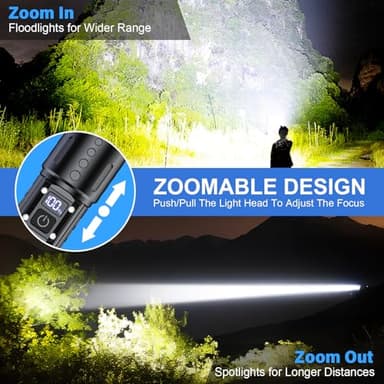 Flashlights High Lumens Rechargeable - Super Bright Tactical LED Flash Light, Dimmable&Memory Function Powerful Waterproof Flashlight for Camping,6 Modes,Zoomable,LCD Display (2, Black) - Image 4