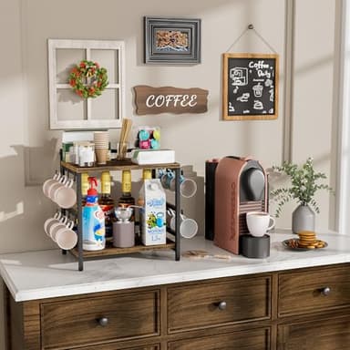Aquzee Large Coffee Bar Counter Top Shelf with Cup Holder, Cofe Tea Station Organizer Shelves Stand for Countertop with 12 Hooks for Mug, 2 Tier Kitchen Bar Decorations for Home 11"D x 15.8"W x 16.1"H - Image 2