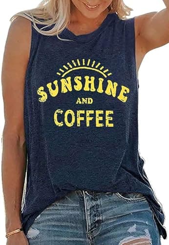 Tank Tops for Women Summer Sunshine and Coffee Graphic T-Shirts Sleeveless Casual Ladies Loose Tunic Blouse(Sunshine Deep Blue, L) - Image 1