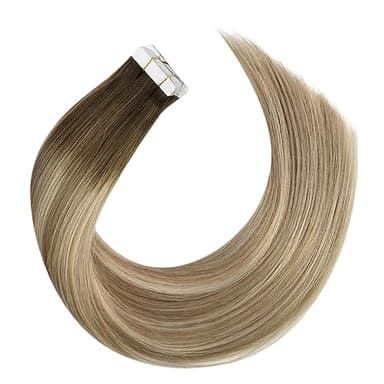 Moresoo Hair Extensions Tape in Human Hair Extensions Brown Balayage Tape in Extensions Real Hair Ombre Brown to Light Brown Mix with Blonde Glue in Extensions 14 Inch #3/8/22 20pcs 50g - Image 8