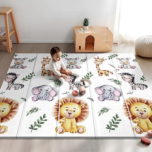 NOONKTY 79x71 Extra Large Baby Play Mat for Floor, Foldable Foam Playmat for Babies 0-12 Months & Kids, Non-Toxic Waterproof Baby Mat for Floor, Thick Playpen Mat for Tummy Time Crawling, Lion - Image 1