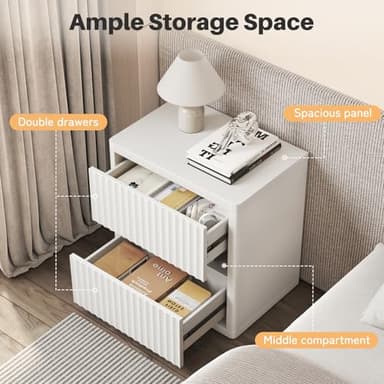 Dripex Fluted Nightstand with 2 Drawers, Large Wide Wood Night Stand Bedside Tables for Bedroom, Mid-Century Modern Storage Bed Side Table, End Tables for Living Room Sofa Couch, White, Set of 1 - Image 3