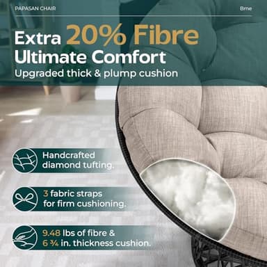 Bme 40" Ergonomic Wicker Papasan Chair with Soft Thick Density Fabric Cushion, High Capacity Steel Frame, 360 Degree Swivel for Living, Bedroom, Reading Room, Lounge, Silver Cloud - Black Base - Image 4