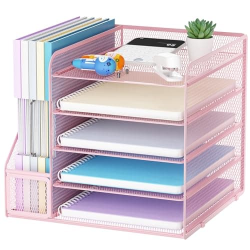 Marbrasse Desk Organizers and Accessories, 5-Tier Paper Letter Tray Organizer with File Holder, Mesh File Organizer, Office Desk Accessories & Organization for Supplies (Pink) - Image 1