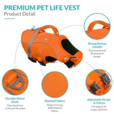 Queenmore Dog Life Vest, Adjustable Ripstop Dog Life Jacket for Swimming Boating, Doggy Lifesaver with Superior Buoyancy and Rescue Handle, Pet Swimming Vest for Small Dogs（Orange,S） - Image 3
