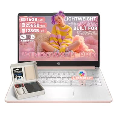 HP 14 Inch Student Business Laptop - Intel N150 | Elegant Pale Rose Gold | Lightweight, AI Copilot Key | 16GB RAM | 384GB Storage(128GB UFS+256GB MSD) | 1 Year Office 365 | Win 11 Pro,w/Accessory - Image 1