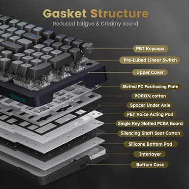 Redragon Wireless Mechanical Keyboard, 3 Mode Gasket Mounted RGB Gaming Keyboard with Volume Knob, Pre-Lubed Linear Switches, MDA-Profile, 98 Keys Hot Swappable Creamy Keyboard for PC/Tablet/Xbox/PS4 - Image 4