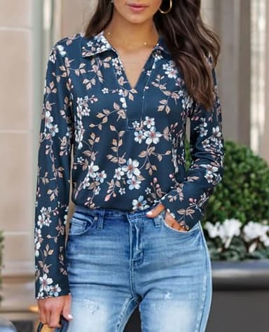 Business Casual Tops for Women,V Neck Polo Shirts for Women Fashion Top Work Attire for Office Fall Blouses Dress Shirts Full Sleeve Professional Formal Clothes Dressy Elegant Blue Floral M - Image 3