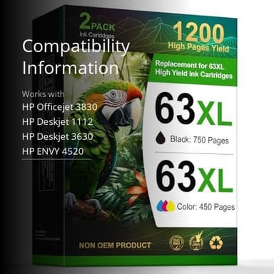 ONLYU 63XL Ink Cartridge Compatible for HP Ink 63 XL Black and Color Combo Pack Works with Printers OfficeJet 3830 4630 4650 4655 5252 5255 5258 Envy 4520 4512 DeskJet 1112 2130 (2 Packs) - Image 3