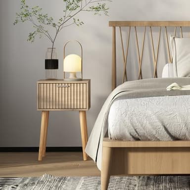 LAATOOREE Nightstands Set of 2, Small Side Table, Bedside Table with Fluted Door, Solid Wood Feet; Modern Mid-Century End Table for Bedroom, Small Space (Natural) - Image 2