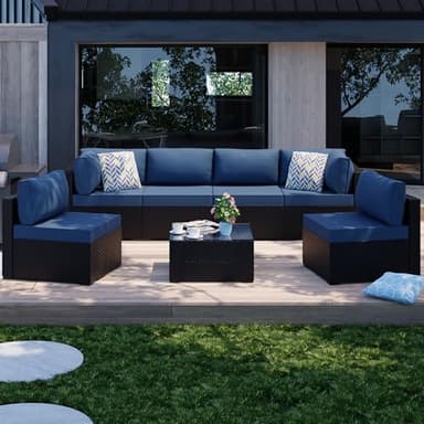 Shintenchi 7 Pieces Outdoor Patio Sectional Sofa Couch, Black Wicker Furniture Conversation Sets with Washable Cushions & Glass Coffee Table for Garden, Poolside, Backyard (Aegean Blue) - Image 3