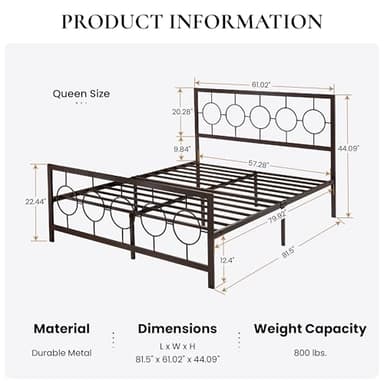 SHA CERLIN Queen Size Metal Bed Frame with Vintage Circular Design Headboard and Footboard,No Box Spring Required,Easy Assembly,Noise-Free,Brown - Image 2