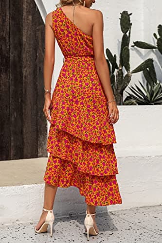PRETTYGARDEN Women's Summer Floral Sundress Casual One Shoulder Tiered Ruffle Flowy Midi Beach Boho Dresses (Floral Orange Rose Red,Large) - Image 5