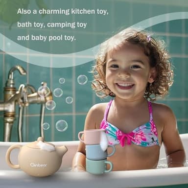 Ginbear Silicone Play Kitchen Tea Set with Washable Cloth Napkin for Toddlers & Kids 1-3, Non-Toxic Unbreakable Baby Bath Toys for Children 12 Months+ (Beige, Blue, Green, Rosy) - Image 6