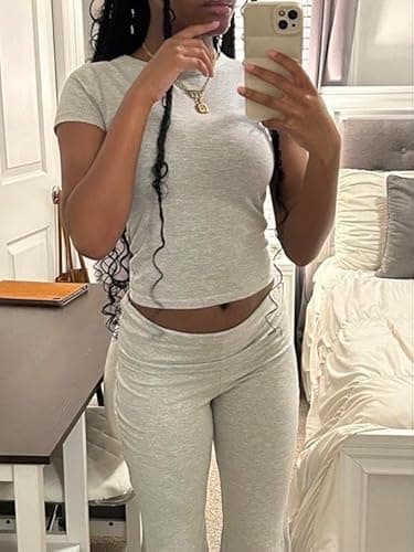 AYWA Women's 2 Piece Lounge Sets Short Sleeve Crop Top Foldover Flare Pants Casual Pajama Outfits (Light Heather Grey, Small) - Image 4
