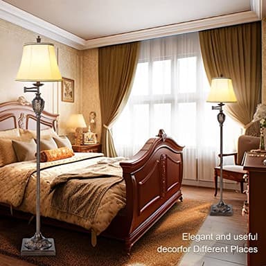 Traditional LED Floor Lamp with 350° Adjustable Swing Arm Lamp – Vintage Standing Pole lamp for Living Room, Bedroom and Office – Rustic Upright Floor Light for Home Décor with Faux Silk Fabric Shade - Image 6