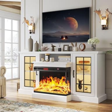 oneinmil 59'' Fireplace TV Stand, 3 Sided Glass Media Entertainment Center Console Table for TVs up to 65'' with Glass Door Adjustable Flame LED Color for Living Room, Set of TV Table, White - Image 1