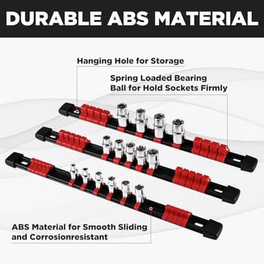 EGOFIX Socket Organizer, 9PCS Socket Holder Set, 1/4-Inch x 48 Clips, 3/8-Inch x 45 Clips, 1/2-Inch x 36 Clips Drive Socket Tray, Socket Rail for Tool Box Drawer - Image 3