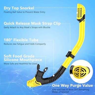 Snorkeling Gear for Adults, Dry-Top Snorkel Set Scuba Diving mask, 180°Panoramic Wide View Professional Snorkeling Gear Breathing Freely Snorkel Mask (Yellow) - Image 7