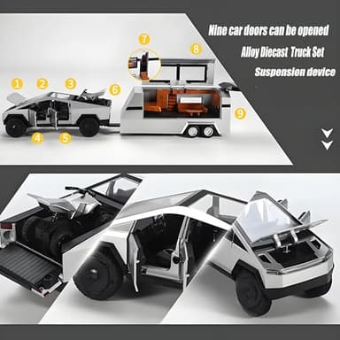 Toy Car Alloy Diecast Truck Model with Motorcycle ATV RV with Sound and Light Eddect Race Car Display Model 1/32 Metal Vehicle 3-in-1 Camping Car Set Ideal Gift for Kid Age for 3+(Silver) - Image 5