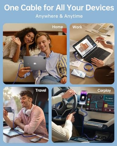 Vexipia 4 in 1 USB C Cable Lightning Cable,100W Fast Charging & Data Transfer,iPhone iPad Charger Cord with Lightning/Type C/USB A for iPhone 16/15/Macbook,IPad,5FT Blue [SHEZI Series] - Image 5