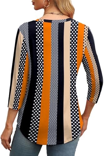 XIEERDUO Tunic Tops for Women Loose Fit Dressy Crewneck Pleated 3/4 Length Sleeve Blouses Business Casual School Outfits for Teachers Striped Summer Beach Vacation Clothes L - Image 4