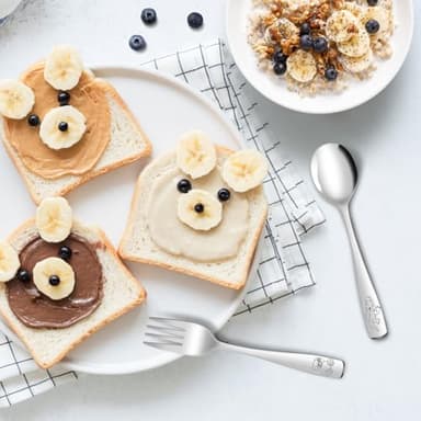 AUOIKK 10-Piece Toddler Flatware, Kids Utensils Stainless Steel Cutlery Set, Children Safe Spoons and Forks with Ergonomic Handle, Easy to use and Dishwasher Safe (Crocodile and Bear) - Image 2