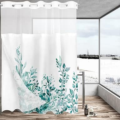Tititex No Hooks Snap in Liner Teal Eucalyptus Leaves Shower Curtain Sets, Hotel Luxury Double Layers Waterproof Fabric & See-Through Top Window Bathroom Decorative 72x84 Inch - Image 2