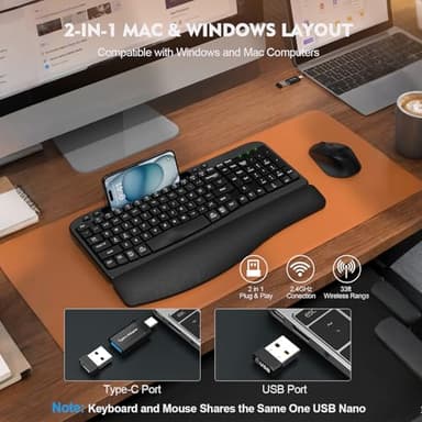 Wireless Keyboard and Mouse Combo, Wave Keys Full-Sized Ergonomic Keyboard with Cushioned Plam Rest, Phone Holder, Comfortable Natural Typing, 2.4G Cordless Set for Computer, Laptop, PC, Mac, Windows - Image 6