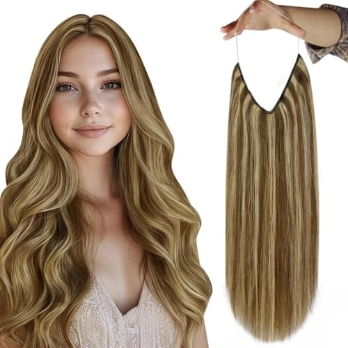 Fshine Wire Hair Extensions Medium Brown Highlight Honey Blonde Soft Fish Line Hair Extensions 18 Inch Clip in One Piece Hair Extension 80G Remy Human Hair Layered Hairpiece Add Length - Image 1