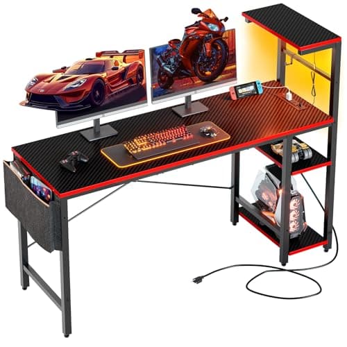 Bestier Gaming Desk with Power Outlets, 61 Inch Large Led Gamer Desk with 4 Tiers Reversible Shelves, PC Gaming Table with Headset Hook & Side Storage Bag for Bedroom (Black 3D Carbon Fiber) - Image 1