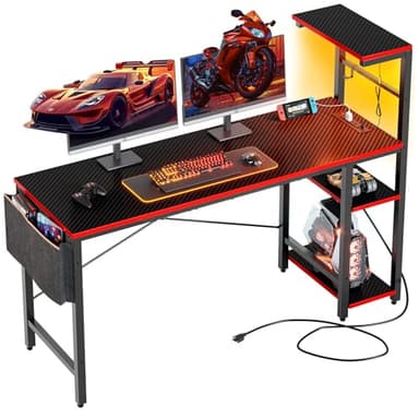 Bestier Gaming Desk with Power Outlets, 61 Inch Large Led Gamer Desk with 4 Tiers Reversible Shelves, PC Gaming Table with Headset Hook & Side Storage Bag for Bedroom (Black 3D Carbon Fiber) - Image 1