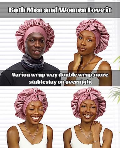 Satin Bonnet for Sleeping Cap Double Layer Hair Bonnet with Elastic Tie Band for Curly Hair Night Cap (Bean Paste + Pink) - Image 4