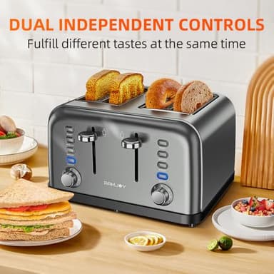 RAMJOY Grey Toaster 4 Slice, Dual Independent Controls, Extra Wide Slot Toasters for Bagel, Bread, Waffles, 7 Shade Settings, 4 Main Functions, Removable Crumb Tray, 1500 Watts, Grey Stainless Steel - Image 3