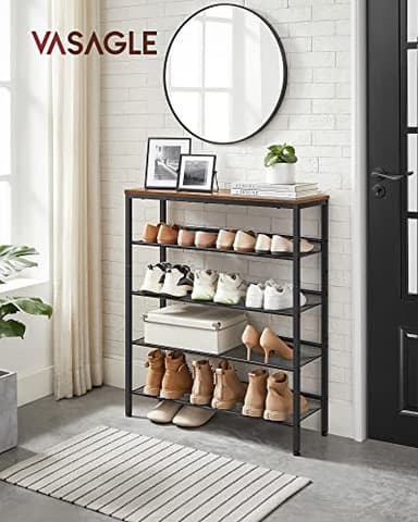 VASAGLE Shoe Rack for Entryway, 5-Tier Shoe Rack Organizer with Storage Shelves and Spacious Top, Freestanding, Adjustable, Industrial, Rustic Brown and Ink Black ULBS038B01 - Image 2