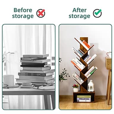 Yoobure Tree Bookshelf - 6 Shelf Retro Floor Standing Bookcase, Tall Wood Book Storage Rack for CDs/Movies/Books, Utility Book Organizer Shelves for Bedroom, Living Room, Home Office, Rustic Brown - Image 6
