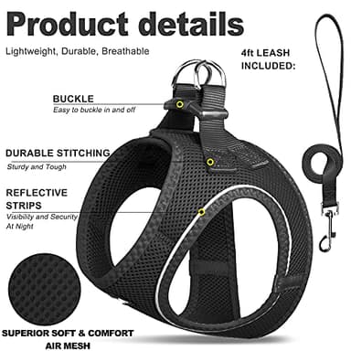 Fida Comfy Dog Harness with Leash, Soft Puppy Vest Escape Proof, Breathable Lightweight Soft Mesh, Adjustable Reflective Step-in Harness for Medium & Large Pet Walking (XL, Black) - Image 2