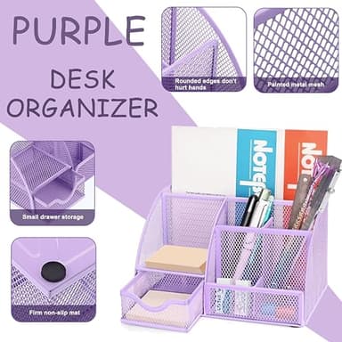 Purple Office Desk Accessories Supplies, 12pcs Desk Organizers and Accessories with Tape dispenser and Stapler,Staples,Staple Remover,Pen Holder,Scissor,Ruler,Sticky Tabs,Tape,Ballpoint Pen,Clips Set - Image 3