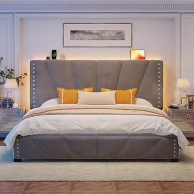 EnHomee King Size Bed Frame, Velvet Bed Frame with Headboard and Led Light, Platform Bed Frame for Bedroom Apartment, Dorm, Noise-Free, Easy Assembly, Dark Gray - Image 7