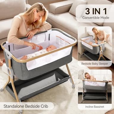 Larex Baby Bassinet Bedside Sleeper for Baby, Baby Crib Bed for Newborn Infant, Bedside Bassinet with Wheels, 5 Adjustable Height, Mosquito Net, Breathable Mattress and Mesh, Storage Basket and Bag - Image 2