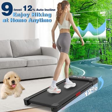 Walking Pad Treadmill with 12% 9-Level Auto Incline, 450 lbs Capacity RGB LED Screen, Bluetooth Speaker Under Desk Treadmill, Compact Treadmills for Home Hiking, Black - Image 2