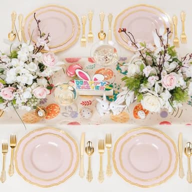 Hioasis 60pcs Pink Plastic Plates - Pink and Gold Disposable Dinnerware with Gold Rim, Heavy-duty, 10.25 inch, Dinner Plates for Party & Wedding - Image 8