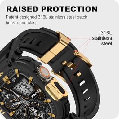 XYF Rugged men Sport Silicone Band Compatible for Apple Watch Ultra 49mm with Metal Bumper Case, Sport strap with Cases Screen Protector for iWatch Ultra 3/2/1 (49mm,Black/Gold) - Image 6