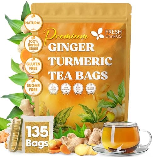 FreshDrinkUS, Premium 135 Turmeric Ginger Tea Bags, 100% Natural Ingredients, Hand-made Blend of Turmeric and Ginger Herbal Tea, Eco-conscious Tea Bags. No Sugar, No Caffeine, No Gluten, Vegan. - Image 1